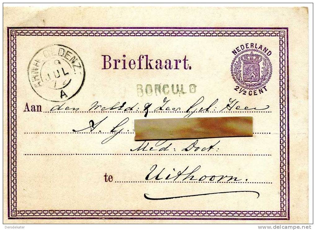 Briefkaart 1872.Van Borculo Naar Uithoorn.Gelopen.2,5 Cent.Stempel Arnhem Oldenzaal. - Material Postal