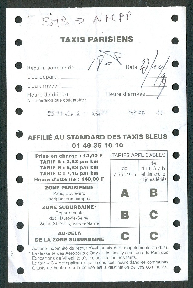 FACTURE TAXIS PARISIENS (1999), Affilié Au Standart Des Taxis Bleus - Transportmiddelen