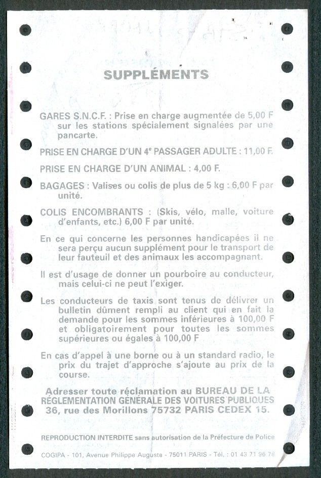 FACTURE TAXIS PARISIENS (1999), Affilié Au Standart Des Taxis Bleus - Transports
