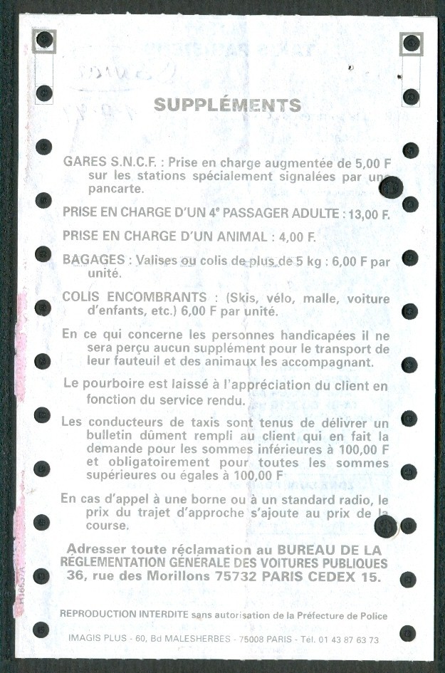 FACTURE TAXIS PARISIENS (1999) - Transports