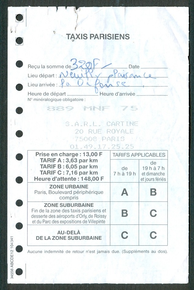 FACTURE TAXIS PARISIENS (Années 1990), SARL Cartine, Rue Royale, Paris - Verkehr & Transport