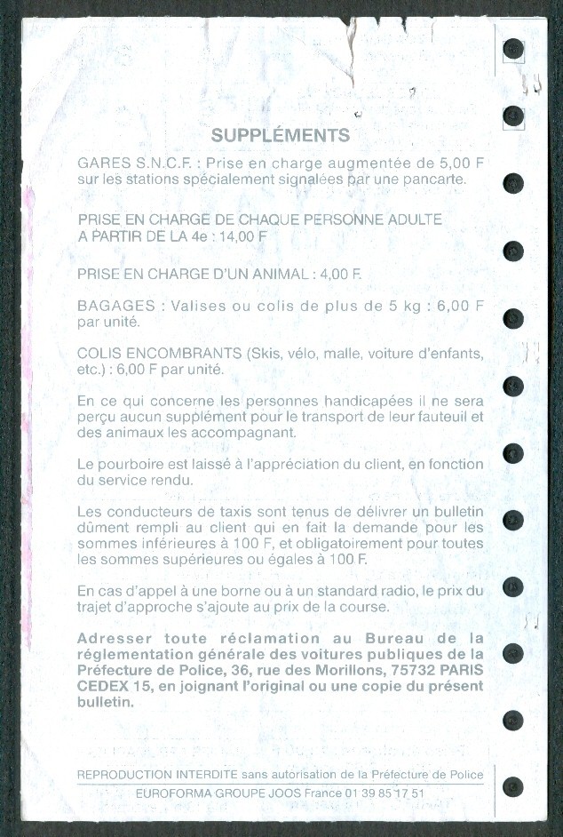 FACTURE TAXIS PARISIENS (Années 1990), SARL Cartine, Rue Royale, Paris - Transportmiddelen