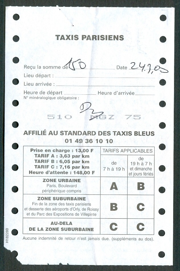 FACTURE TAXIS PARISIENS (2000), Affilié Au Standart Des Taxis Bleus - Verkehr & Transport