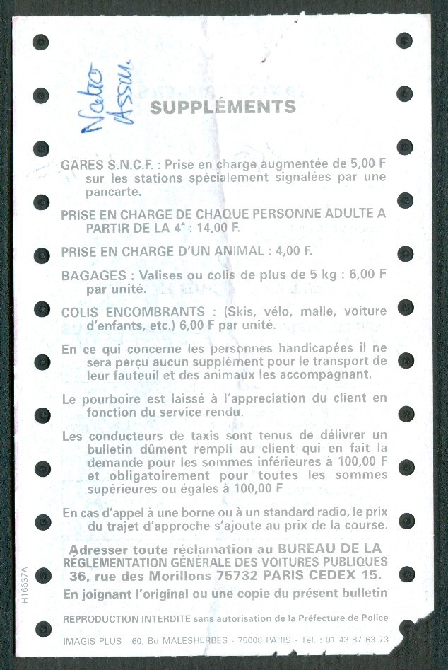 FACTURE TAXIS PARISIENS (2000), Affilié Au Standart Des Taxis Bleus - Transports