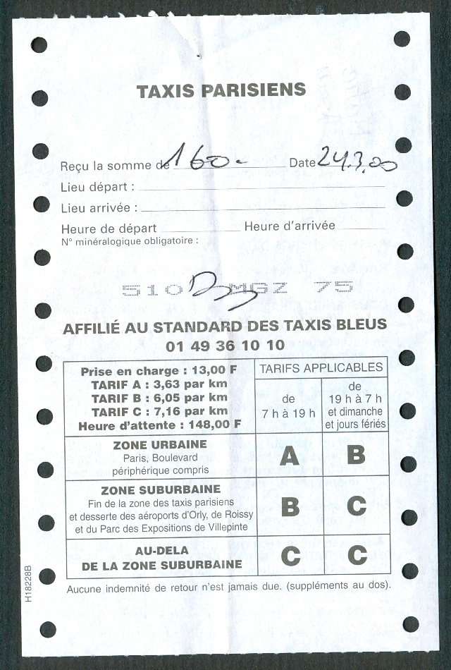 FACTURE TAXIS PARISIENS (2000), Affilié Au Standart Des Taxis Bleus - Transports