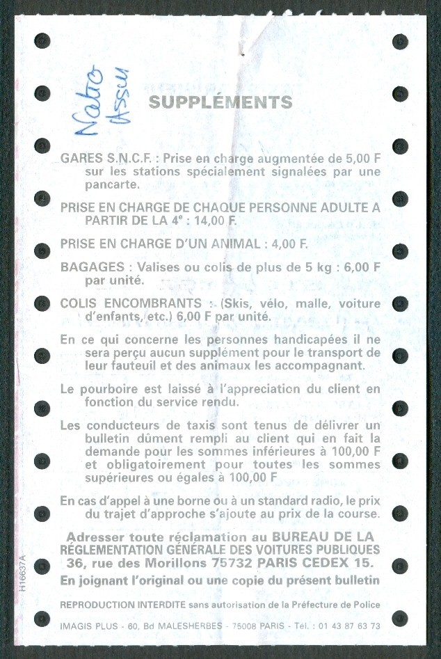 FACTURE TAXIS PARISIENS (2000), Affilié Au Standart Des Taxis Bleus - Transports