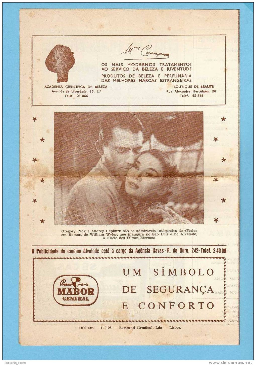 CINEMA ALVALADE  Programa Vintage Publicidade Portugal. Advertising Movie Audrey Hepburn / William Wyler - Bioscoopreclame