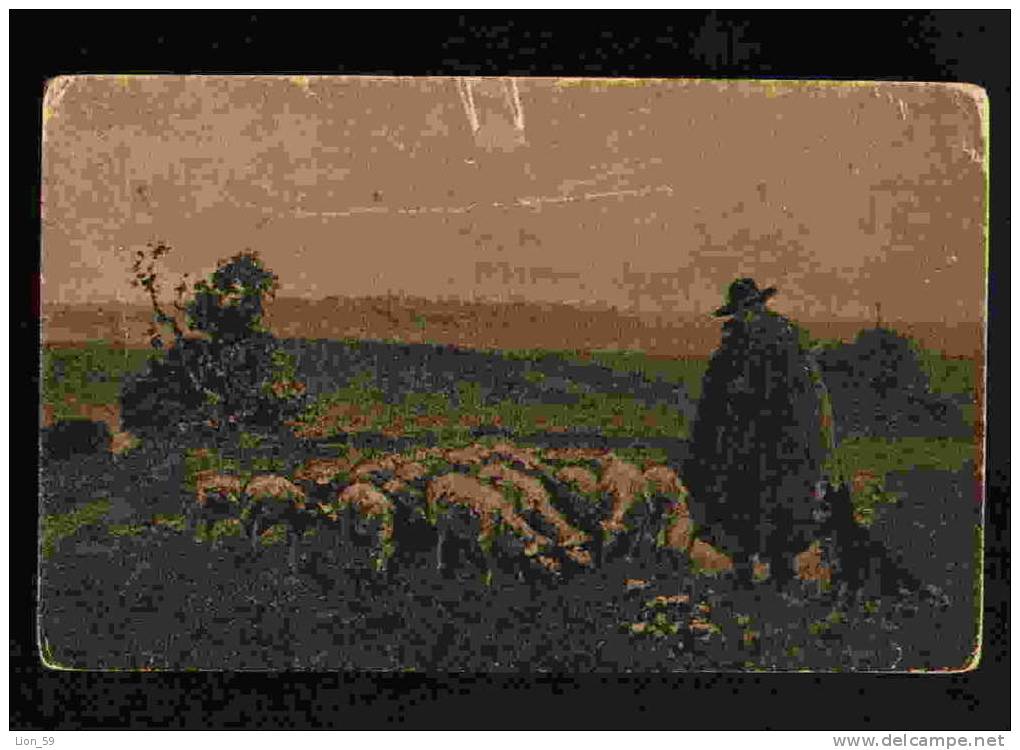 Art  Schlemo F. - Abendfriede SHEEP RAM DOG W SHEPHERD Pc 28490 - Schlemo, F.