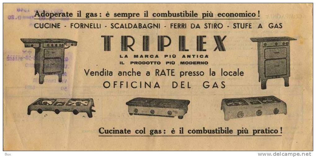 ANNO 1948 COMPAGNIA MERIDIONALE DEL GAS NAPOLI  BOLLETTA PUBBLICITARIA  ELETTRODOMESTICI TRIPLEX PUB    ARCH CAT 4 PAG 9 - Italia