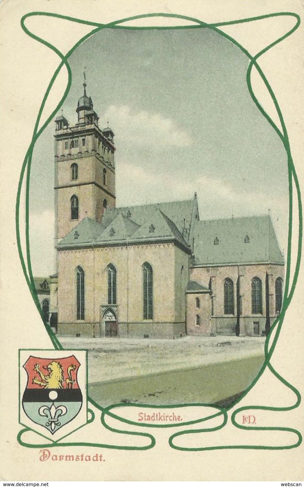 AK Darmstadt Stadtkirche Wappen Jugendstil-Dekor Color ~1900 #05 - Darmstadt