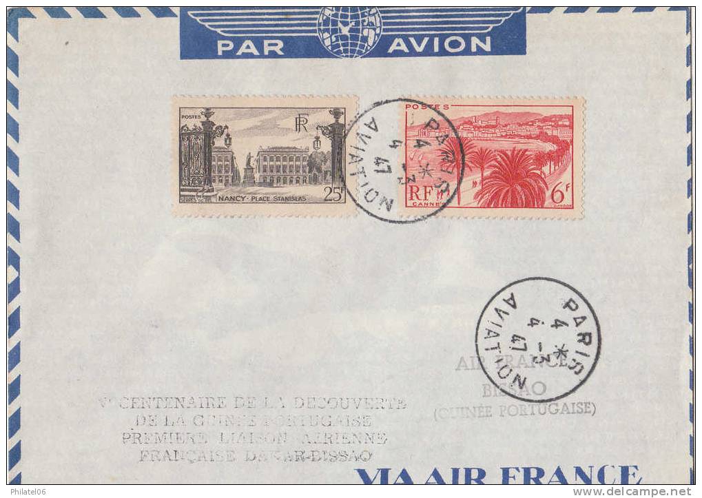 LETTRE AERIENNE POUR LA GUINEE PORTUGAISE  1947  CACHET COMMEMORATIF ET D'ARRIVEE - 1960-.... Storia Postale