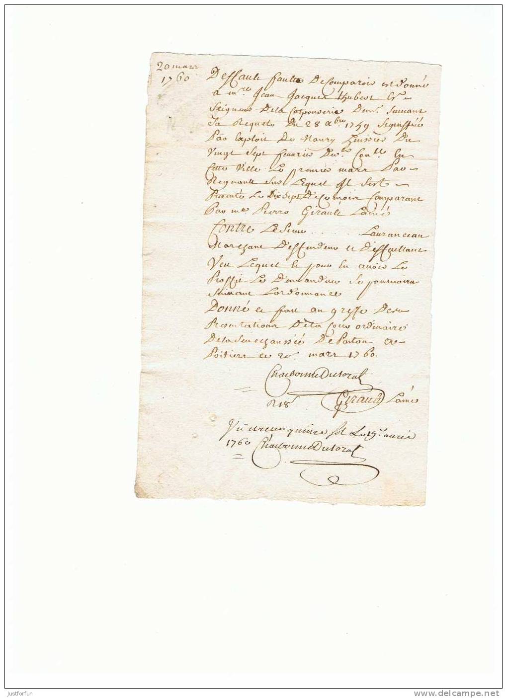 PARCHEMIN  20 Mars 1760 - Manuscritos