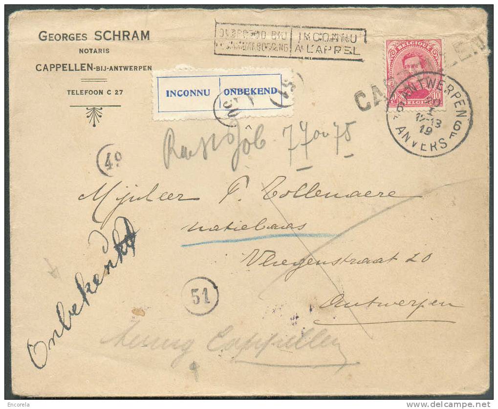 N°138 - 10 Centimes Rouge, Obl. Sc ANTWERPEN 6 S/Env. Notariale (avec Contenu) Du 20-1-1919 Vers La Ville + Etiquette In - Linear Postmarks