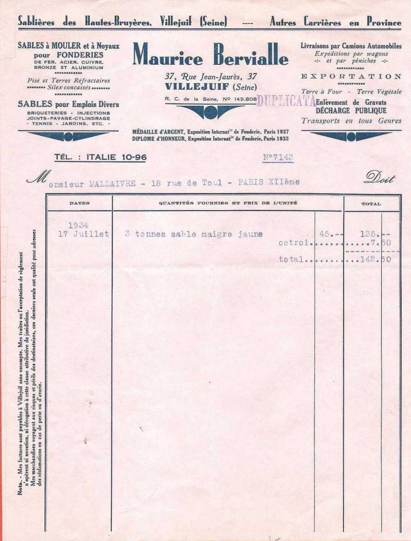 Villejuif 1934 Sablières Des Hautes Ets.M.Bervialle Autres Carrières En Province - 1900 – 1949