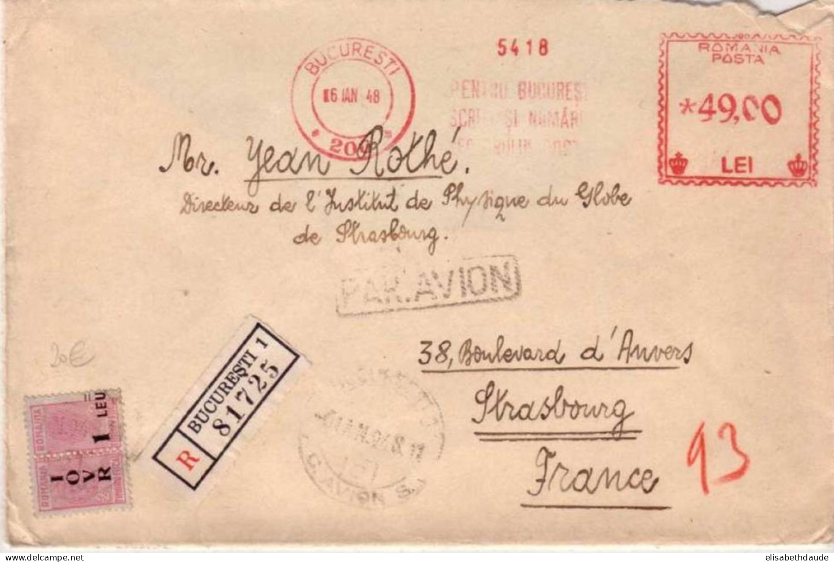 ROUMANIE - 1948 - LETTRE RECOMMANDEE PAR AVION De BUCAREST Pour STRASBOURG - EMA + TIMBRES FISCAUX - RARE - Maschinenstempel (EMA)