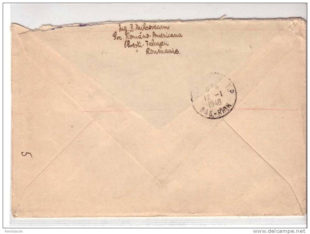 ROUMANIE - 1948 - LETTRE RECOMMANDEE PAR AVION De BUCAREST Pour STRASBOURG - EMA + TIMBRES FISCAUX - RARE - Maschinenstempel (EMA)