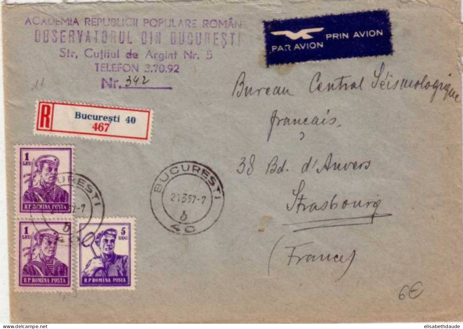 ROUMANIE - 1957 - LETTRE RECOMMANDEE PAR AVION De BUCAREST Pour STRASBOURG (ALSACE) - Cartas & Documentos