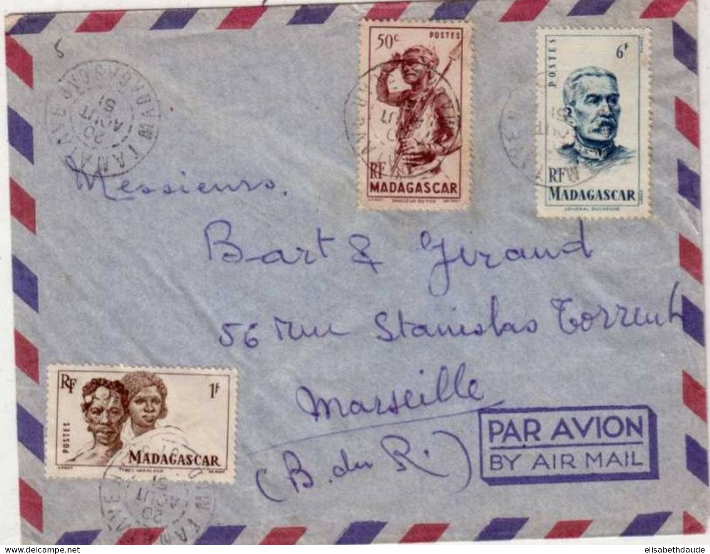 MADAGASCAR - 1951 - Yvert N° 303 + 306 + 314 Sur LETTRE Par AVION De TAMATAVE Pour MARSEILLE - Briefe U. Dokumente