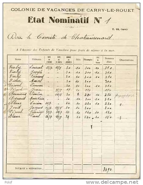 Colonie De Vacances De CARRY LE ROUET - Etat Nom. N° 1 Comite De CHATEAURENARD(VP353) - Documents Historiques