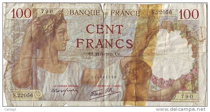 Billet 100 Francs Sully N°790 Vendu En L´état  état ( Voir Scan Recto Verso ) De 1941 - 100 F 1939-1942 ''Sully''