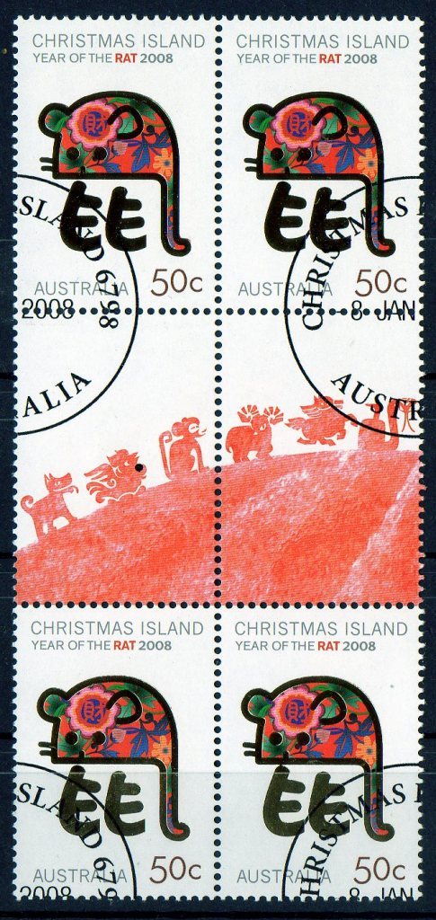 Christmas Island 2008 50c Year Of The Rat CTO Gutter Block Of 4 - Christmas Island