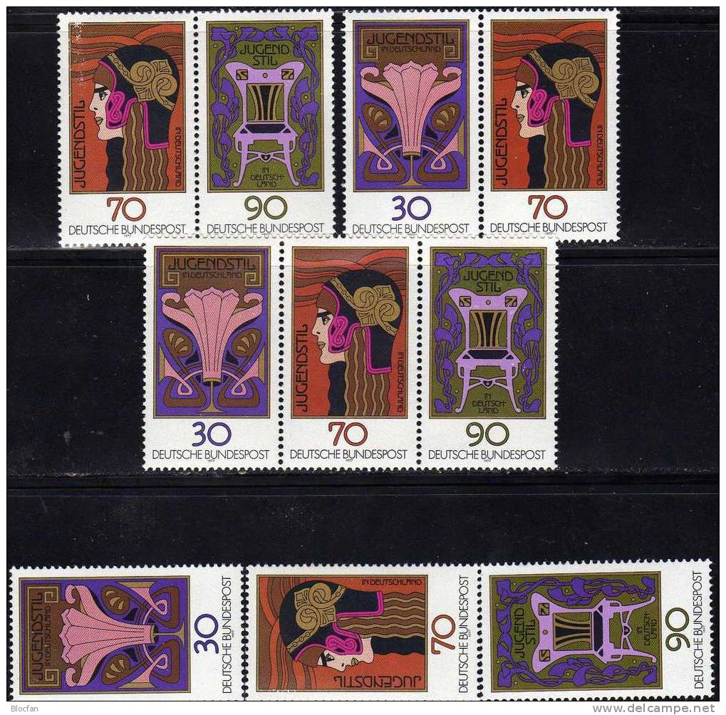 Zusammendrucke Gemälde Jugendstil 1977 BRD 923/5,ER,3xZD+Block 14 ** 13€ Blume Athena Stuhl Bloc Hb M/s Sheet Bf Germany - Collections (en Albums)