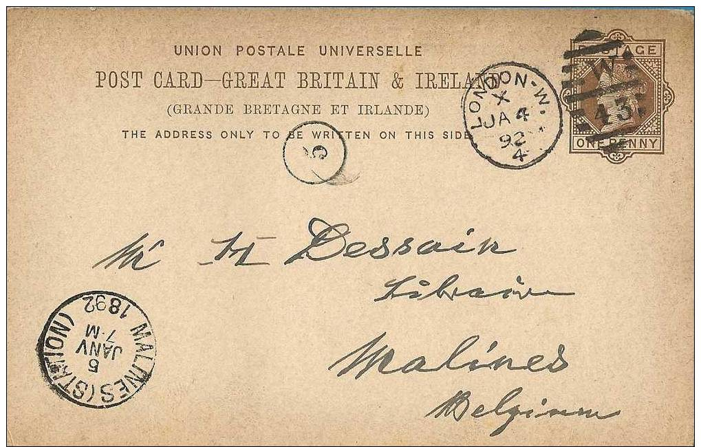 Post Card Queen Victoria : LONDON To MALINES 1892 ( Mechelen ) / DULAU & CO, Foreign Booksellers - Luftpost & Aerogramme