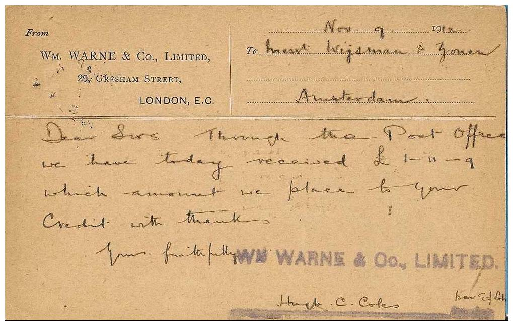 Post Card Queen Victoria : LONDON To AMSTERDAM 1912 / Wm WARNE & Co Limited / - Luftpost & Aerogramme