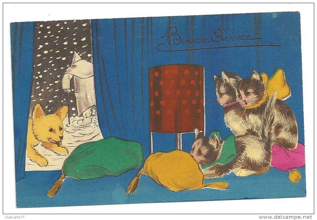 Noël (Illustration) : Chats Devant Brasero Et Père Noêl Partant Sous La Neige En Arrière Plan Env 1927(animée) - Autres & Non Classés