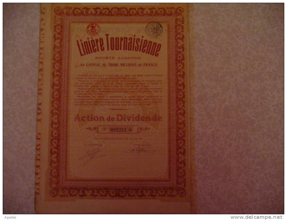 Linière Tournaisienne 1923 Action De Dividende Tournai Textile - Textile