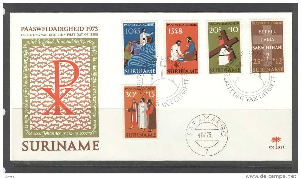 SURINAME 1973 FDC E96 RELIGIE, RELIGION, EASTER, OSTER, PASEN. BLANC. - Suriname