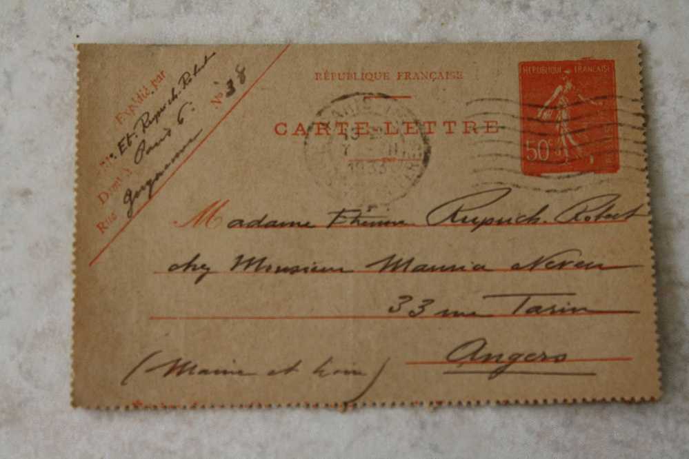 Entiers Postaux Carte Lettre N° 199CL Semeuse 50c Oblitération Manuelle  De Paris 6   1933 P/ Angers 49 - Cartoline-lettere