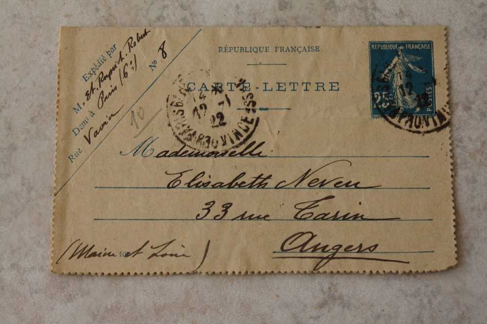 Entiers Postaux Carte Lettre 140 CL Semeuse 25c Bleu Sur Chamois Clair  De Paris 6é Rue Vavins P/Angers 49 Le 12-01-1922 - Cartoline-lettere