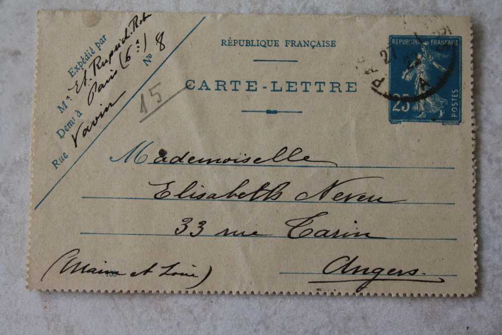 Entiers Postaux Carte Lettre 140 CL Semeuse 25c Bleu Sur Chamois Clair  De Paris 6é Rue Vavins P/Angers 49 Le 28-01-1922 - Cartes-lettres