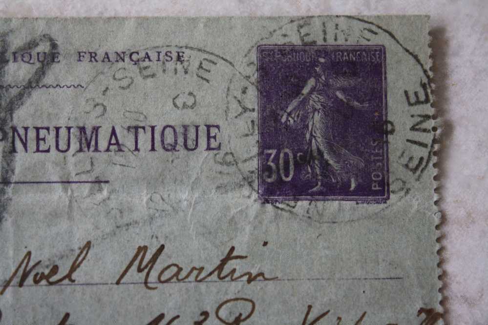 Entier Postaux PNEUMATIQUE Semeuse 305 Type IV De Neuilly Sur Seine Pour Bois Colombes 1916 Cote 30 Euros Remise Gratuit - Pneumatische Post