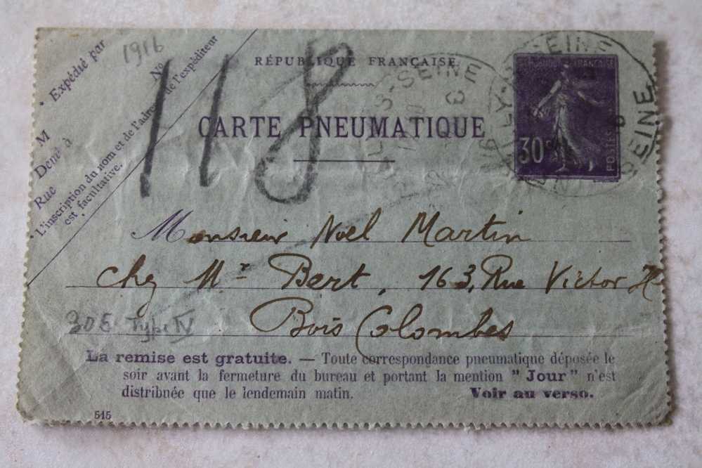 Entier Postaux PNEUMATIQUE Semeuse 305 Type IV De Neuilly Sur Seine Pour Bois Colombes 1916 Cote 30 Euros Remise Gratuit - Pneumatiques