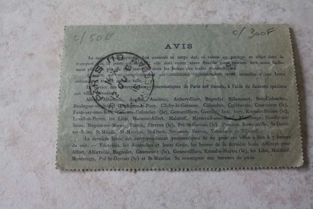 Entier Postaux PNEUMATIQUE Semeuse 305 Type IV De Neuilly Sur Seine Pour Bois Colombes 1916 Cote 30 Euros Remise Gratuit - Pneumatische Post