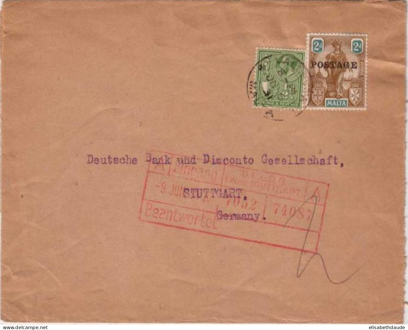 MALTA - COLONIE ANGLAISE - 1931 - LETTRE Pour STUTTGART (WÜRTTEMBERG) - - Malte (...-1964)