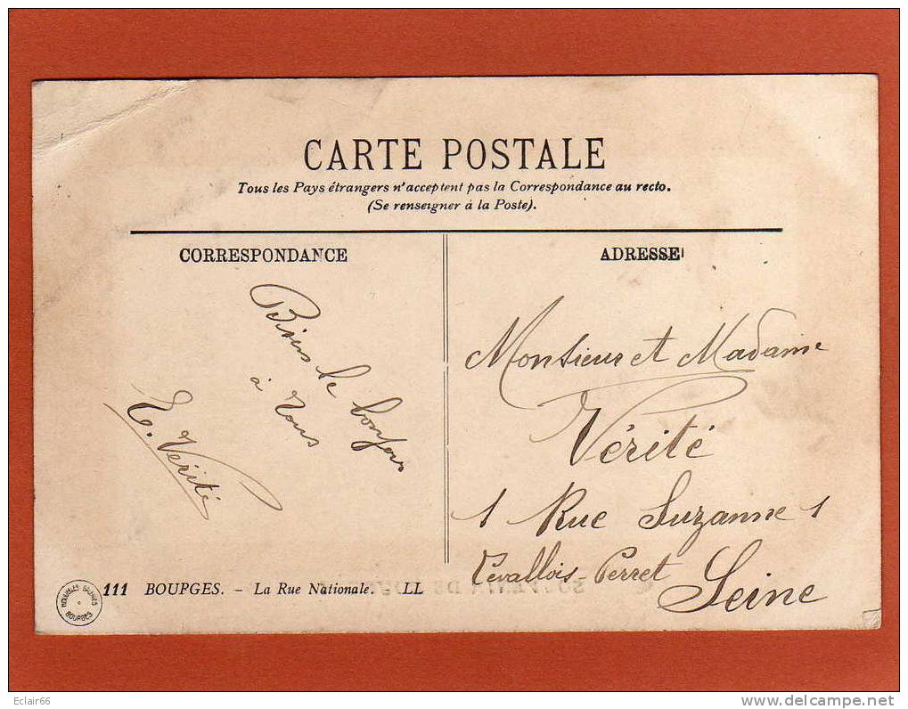 18 , BOURGES , La Rue Nationale ,animée CPA   En Carte Souvenir  EDIT  Nouvelles Galeries Année 1913 - Bourges