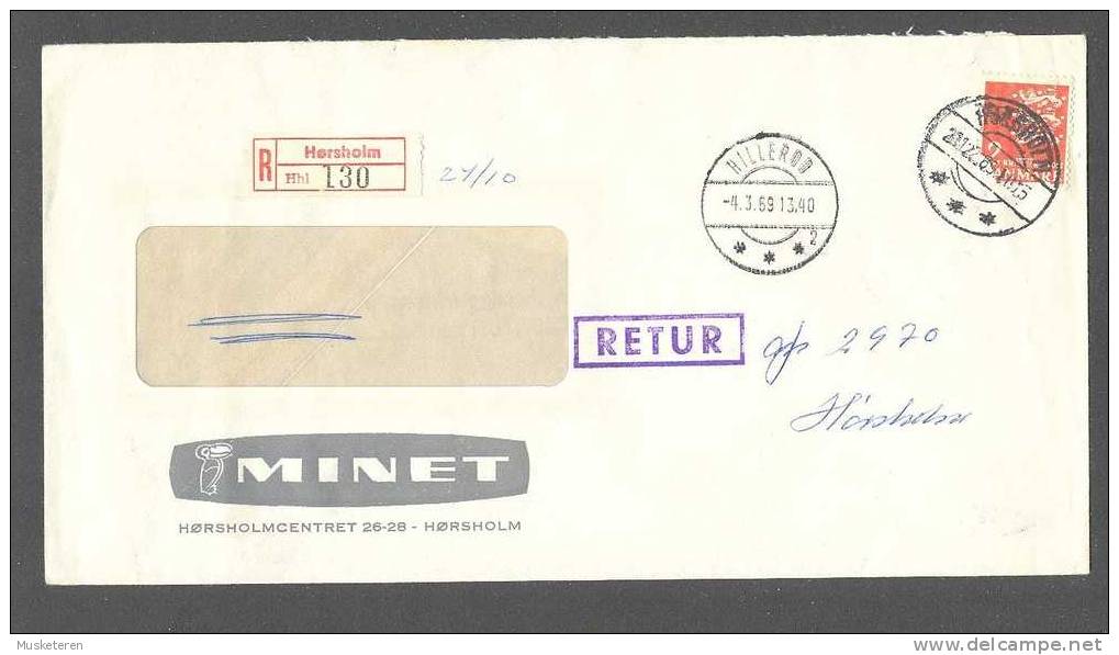 Denmark Registered Einschreiben Recommandé MINET HØRSHOLM Label Cover 1969 To Hillerød Purple RETUR Cancel (2 Scans) - Storia Postale