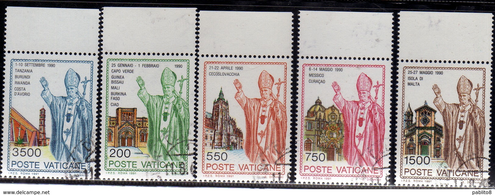 CITTÀ DEL VATICANO VATICAN VATIKAN 1991 I VIAGGI DEL PAPA NEL MONDO 1990 TRAVELS POPE SERIE COMPLETA FULL SET USATA USED - Used Stamps