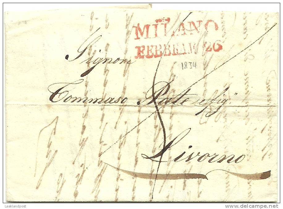 ITALY 1834 ENTIRE MILANO TO LIVORNO - ...-1850 Voorfilatelie