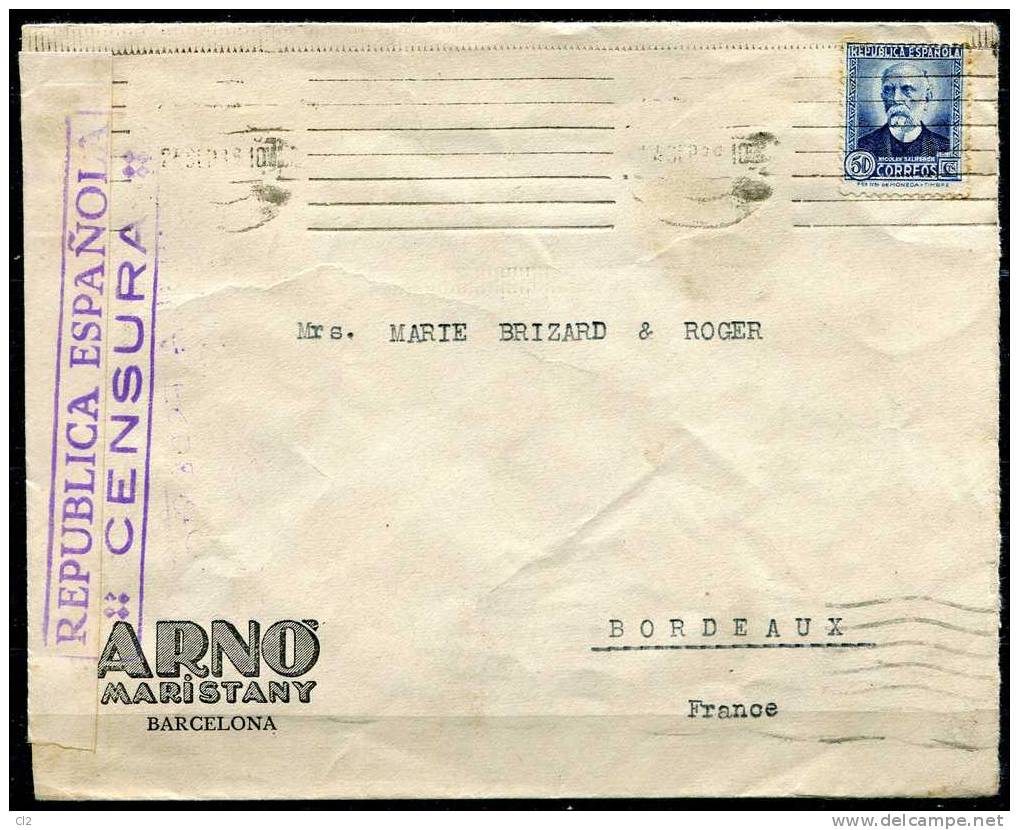 Septembre 1936 - Lettre De La Sté ARNO MARISTANY De Barcelone Pour Bordeaux - Marques De Censures Républicaines