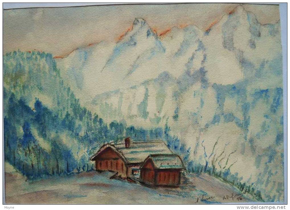 SUPERBE ET  GRANDE AQUARELLE ORIGINALE,        PAYSAGE D´HYVER EN MONTAGNE ,       Signée Et  Datée - Aquarelles