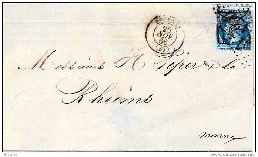 N°22 Oblitere Sur Lettre D Epernay GC 1397 +taxe Double Trait 30 - 1862 Napoléon III