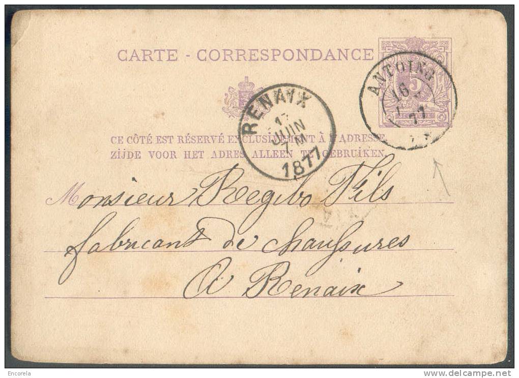 Cachet DOUBLECERCLE  Sur Entier Postal Lion Couché - ANTOING 1877 - NIPA 200 X 3 -- 6218 - Tarjetas 1871-1909