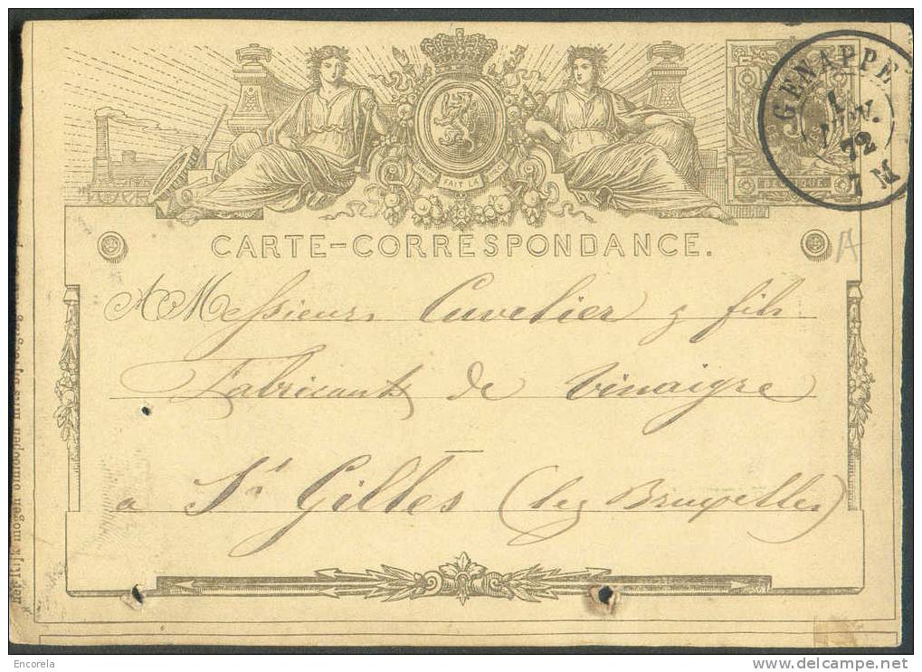 Cachet DOUBLECERCLE  Sur Entier Postal Lion Couché - GENAPPE 1872 - NIPA 300 X 3 -- 6232 à Mr. Cuvelier, Fabricant De Vi - Briefkaarten 1871-1909