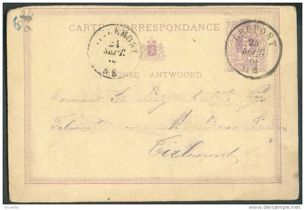 Cachet DOUBLECERCLE  Sur Entier Postal Lion Couché - GRUPONT 1875 - NIPA 450 X 3 -- 6236 Daté De AWENNE - Tarjetas 1871-1909