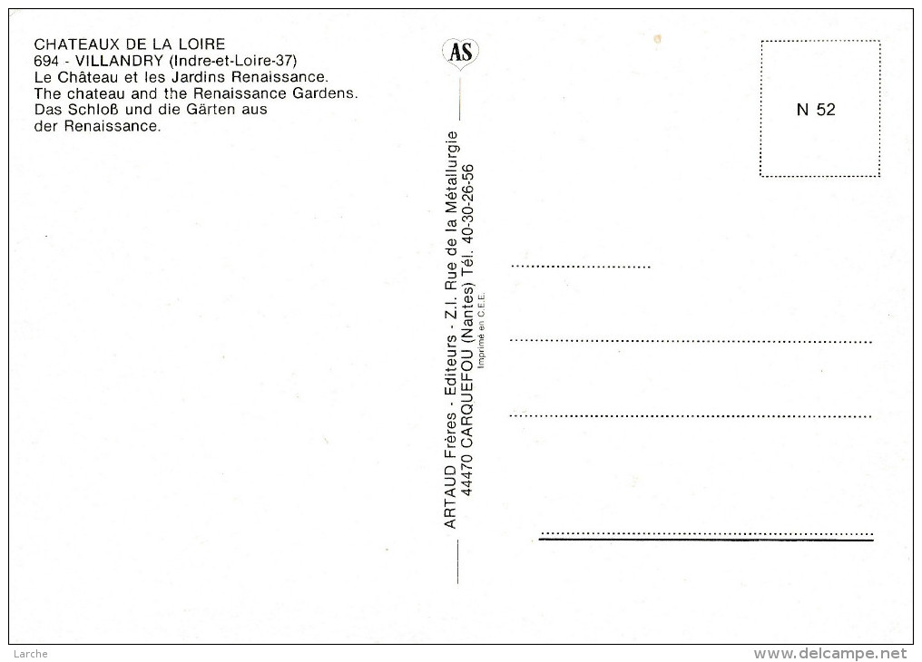 Dép. 37 - VILLANDRY - Le Château De Villandry Et Les Jardins - Ed ARTAUD Fréres -n°N 52 - Châteaux