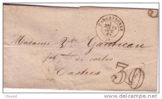 LSC 18-10-1868 De Carcassonne (10) CàD Type 15-Taxe 30 Au Tampon-Ind 1 - 1859-1959 Covers & Documents